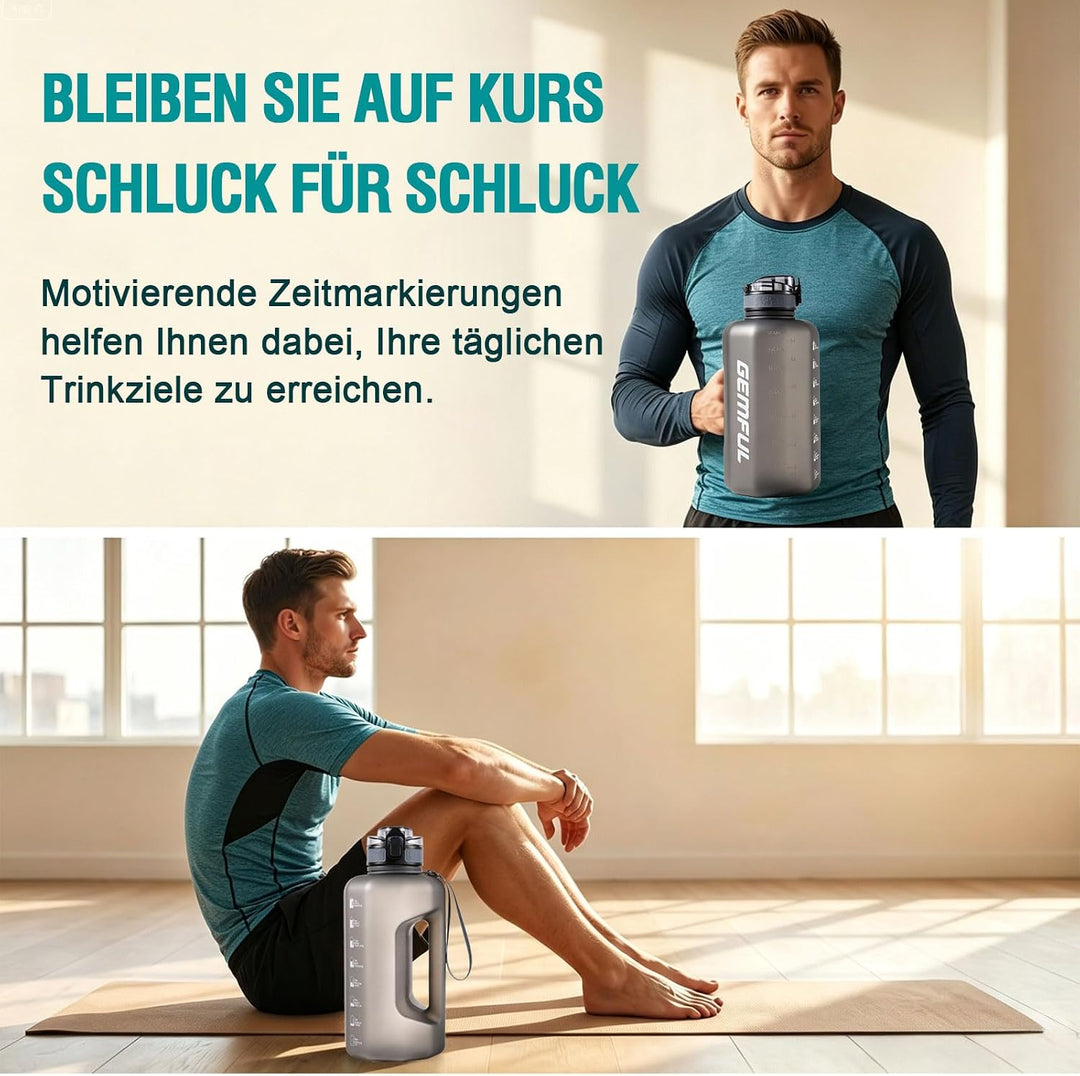 GEMFUL 2.2L Trinkflasche Sport - Grosse Wasserflasche mit Griff & Zeitmarkierungen - Perfekt für Fit