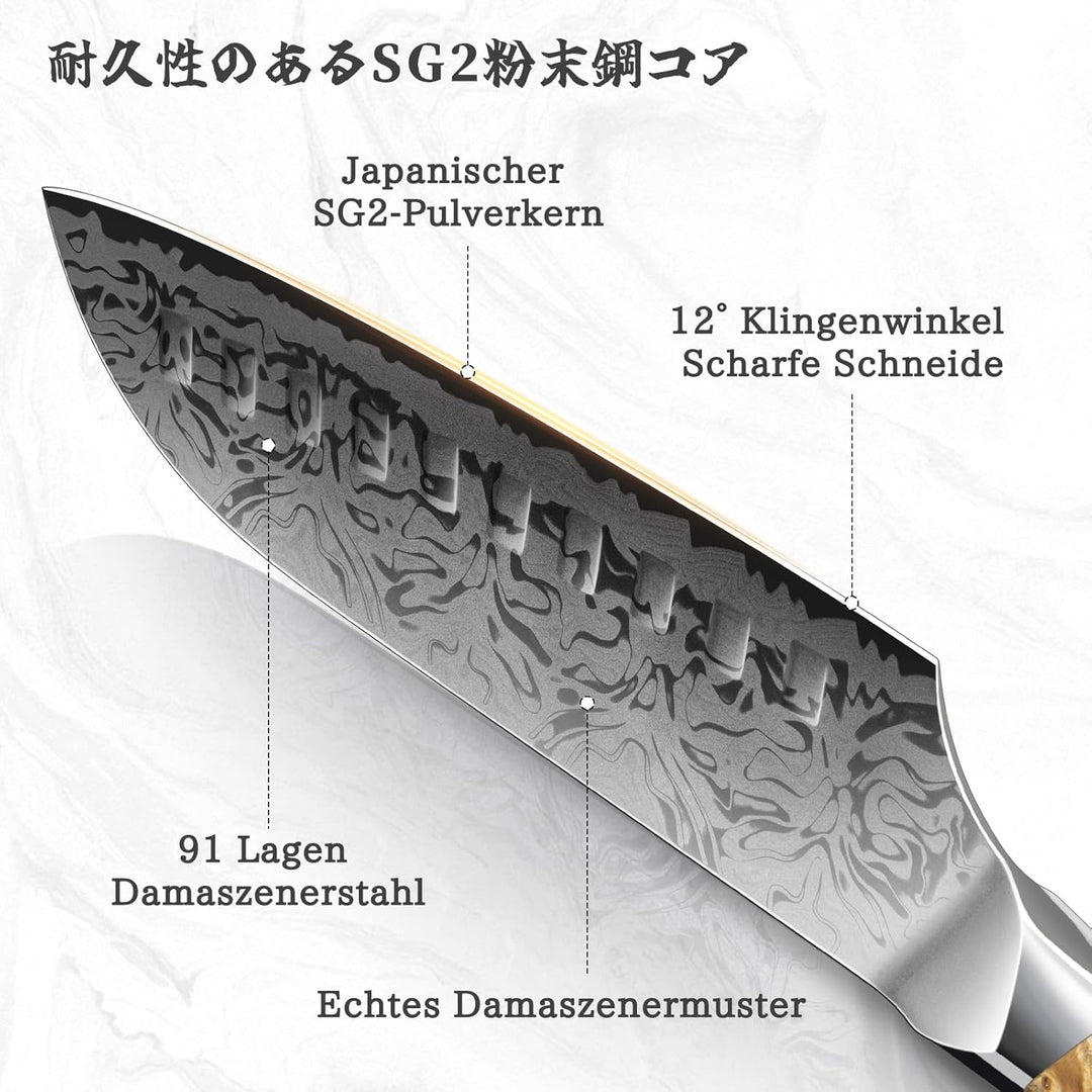 SHAN ZU Damast Santokumesser, 18cm Japanisches Küchenmesser aus SG2-Pulverstahl, Handgeschmiedetes P