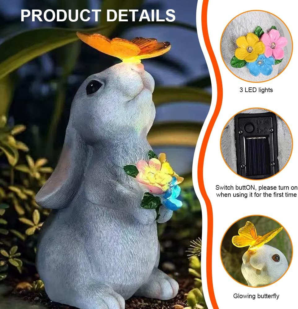 Solar Kaninchen Figuren Gartendeko für Draussen, Kaninchen Gartenstatuen mit Solarlicht, Osterhase m