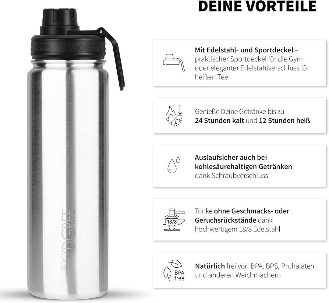 720°DGREE Edelstahl Trinkflasche “noLimit” - Auslaufsicher, Kohlensäure geeignet, BPA-Frei - Thermos