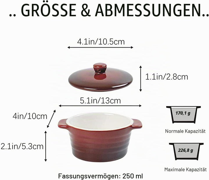 Auflaufform Klein 250ml X 4er, Soufflé Förmchen Mit Deckel - Rot, Creme Brulee Schälchen aus Porzell