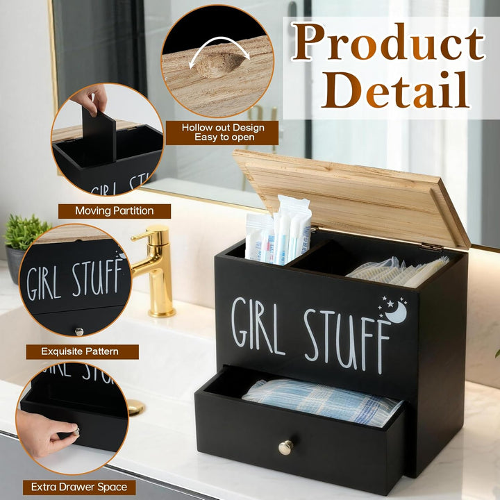 Tampon Aufbewahrungsbox 3 Fächer mit Deckel und Schublade, Badezimmer Organizer Holz Tampon Aufbewah