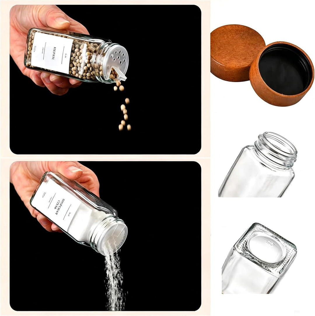 Gewürzgläser Set 12er (120ml) Eckig mit Deckel aus Akazienholz, Premium Vorratsgläser Glas mit Streu