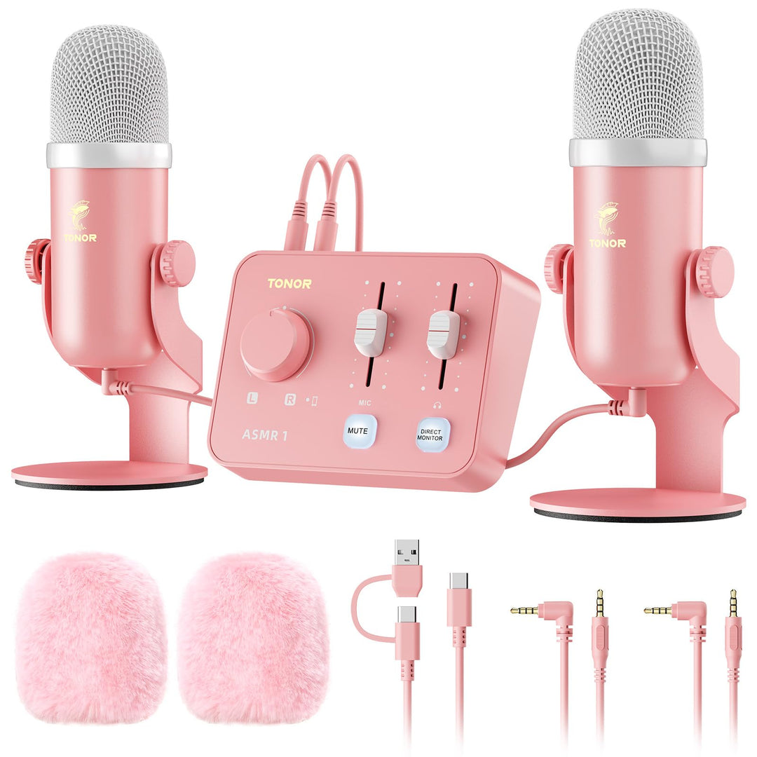 TONOR Podcast Mikrofon Set mit Audio Interface, ASMR Mikrofon, 2 Kondensatormikrofone, Audio Mixer,