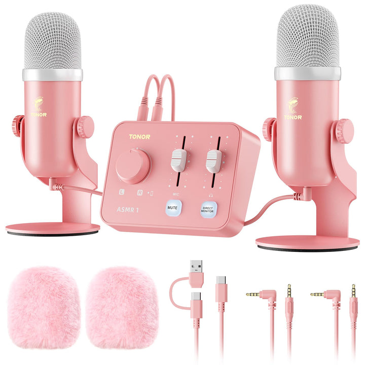 TONOR Podcast Mikrofon Set mit Audio Interface, ASMR Mikrofon, 2 Kondensatormikrofone, Audio Mixer,