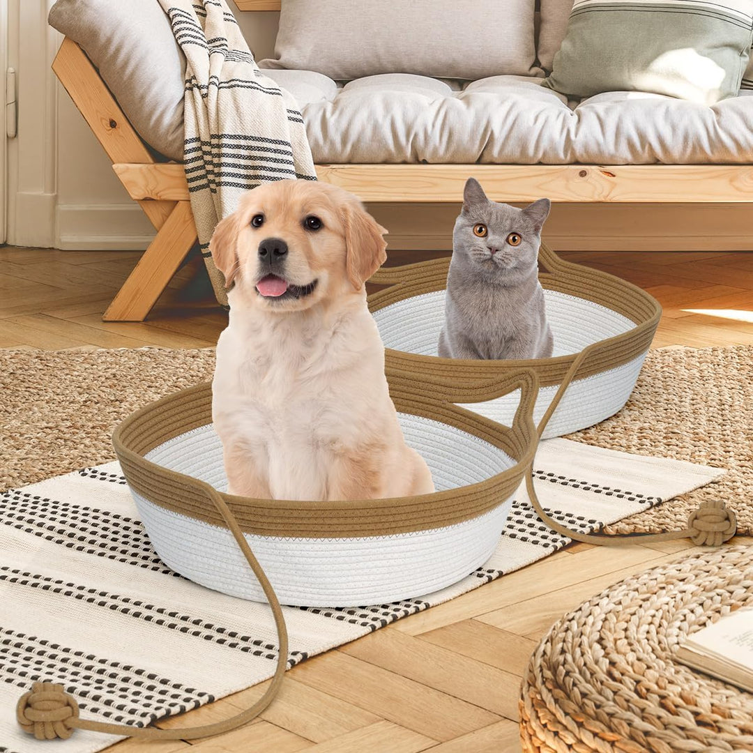 Katzenbett mit Spielzeug Schwanz, Handgewebt Langlebig Katzenkorb aus Rundbaumwollseilen als Katzens