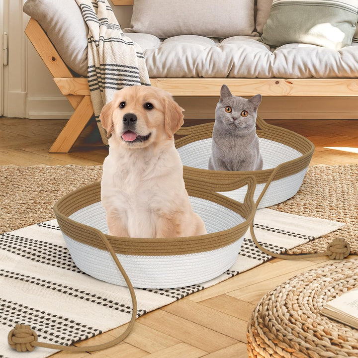Katzenbett mit Spielzeug Schwanz, Handgewebt Langlebig Katzenkorb aus Rundbaumwollseilen als Katzens