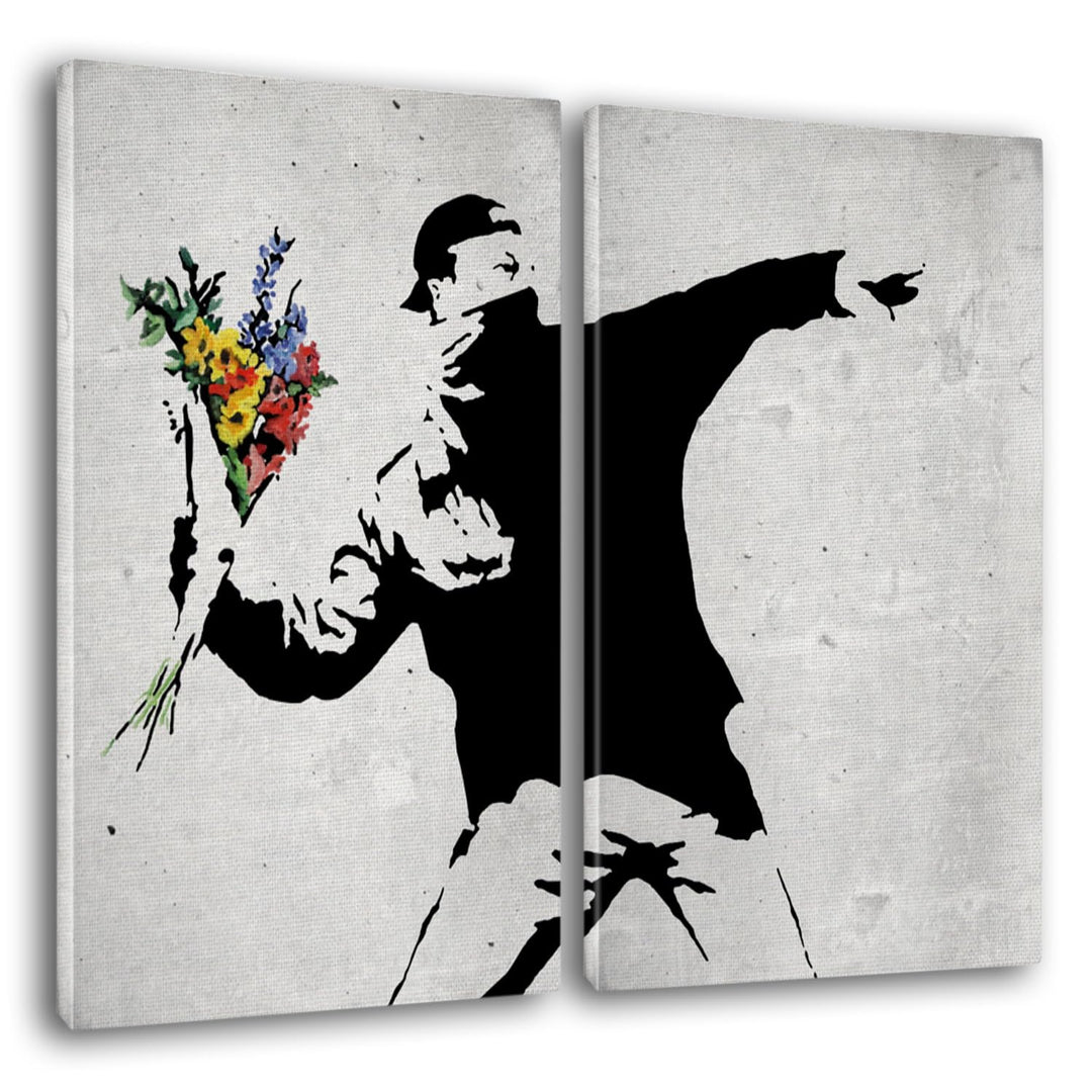 Giallobus - Grosse Gemälde im XXL-Format - Banksy - Street Art - Blumenwerfer - Leinwand - 144x100cm