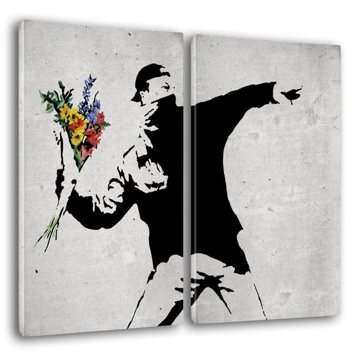 Giallobus - Grosse Gemälde im XXL-Format - Banksy - Street Art - Blumenwerfer - Leinwand - 144x100cm