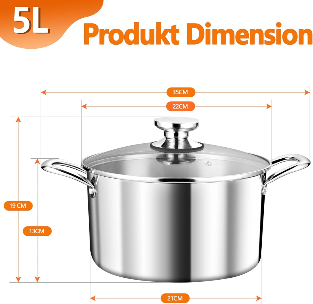 TEAMFAR Kochtopf, 3-Lagen Edeastahl 22cm Topf Induktion mit Glasdeckel, 4,75L Nudeltopf Fleischtopf