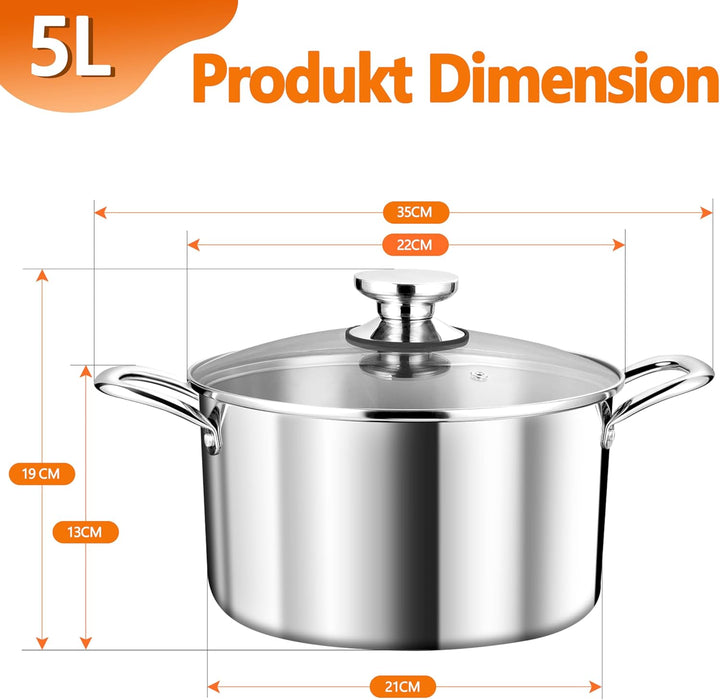 TEAMFAR Kochtopf, 3-Lagen Edeastahl 22cm Topf Induktion mit Glasdeckel, 4,75L Nudeltopf Fleischtopf