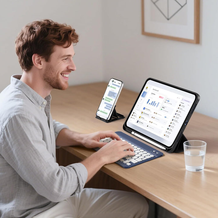 Vobafe Bluetooth Tastatur mit Telefonhalter für iPad Air/Pro/Mini/A16/11/10.9/10.2/iPhone, Kabellose