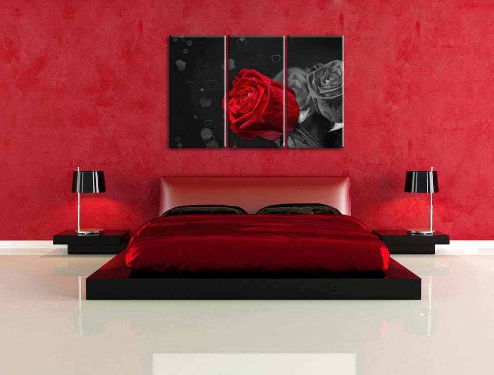 rote Rosen zum Valentinstag schwarz/weiss 3-Teiler Leinwandbild 120x80 Bild auf Leinwand, XXL riesig