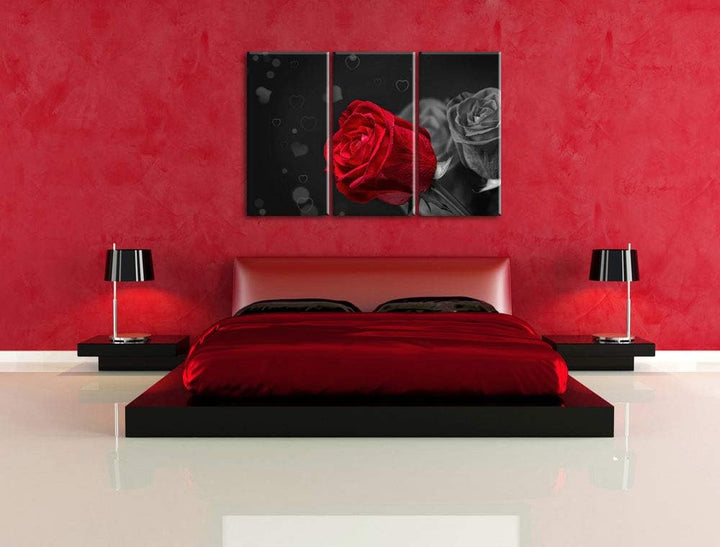 rote Rosen zum Valentinstag schwarz/weiss 3-Teiler Leinwandbild 120x80 Bild auf Leinwand, XXL riesig