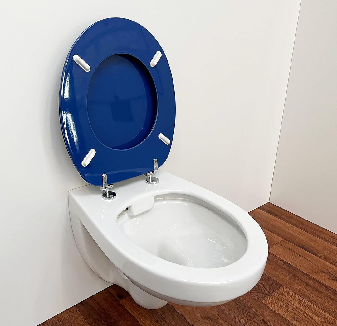 ADOB WC Sitz Klobrille Holzkern Farbe Blau, extrem stabil, messing verchromte Scharniere, WC-Brille