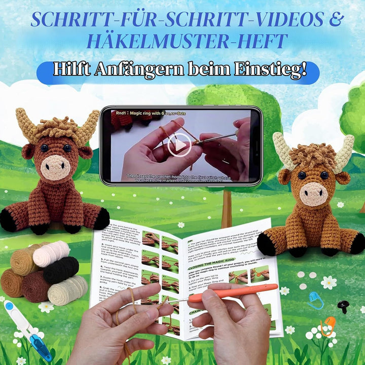 DEMIUKO Häkelset für Anfänger Häkeln Tiere 2 Stück Hochlandrind Strickset für Erwachsene Kinder Stri