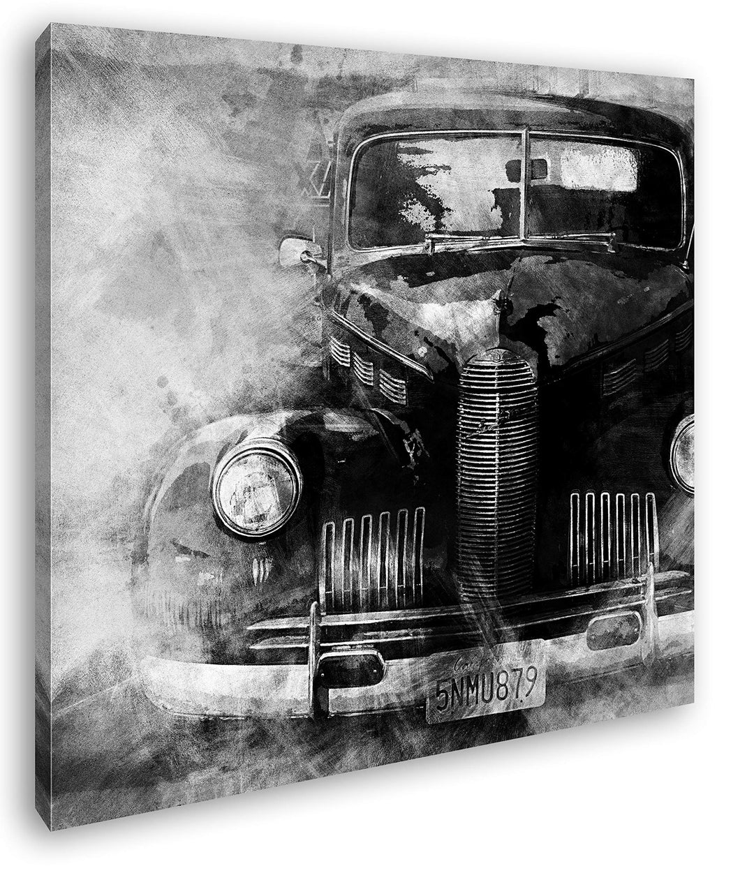 deyoli gezeichneter Alter Oldtimer Format: 70x70 Effekt: Schwarz&Weiss als Leinwandbild, Motiv ferti