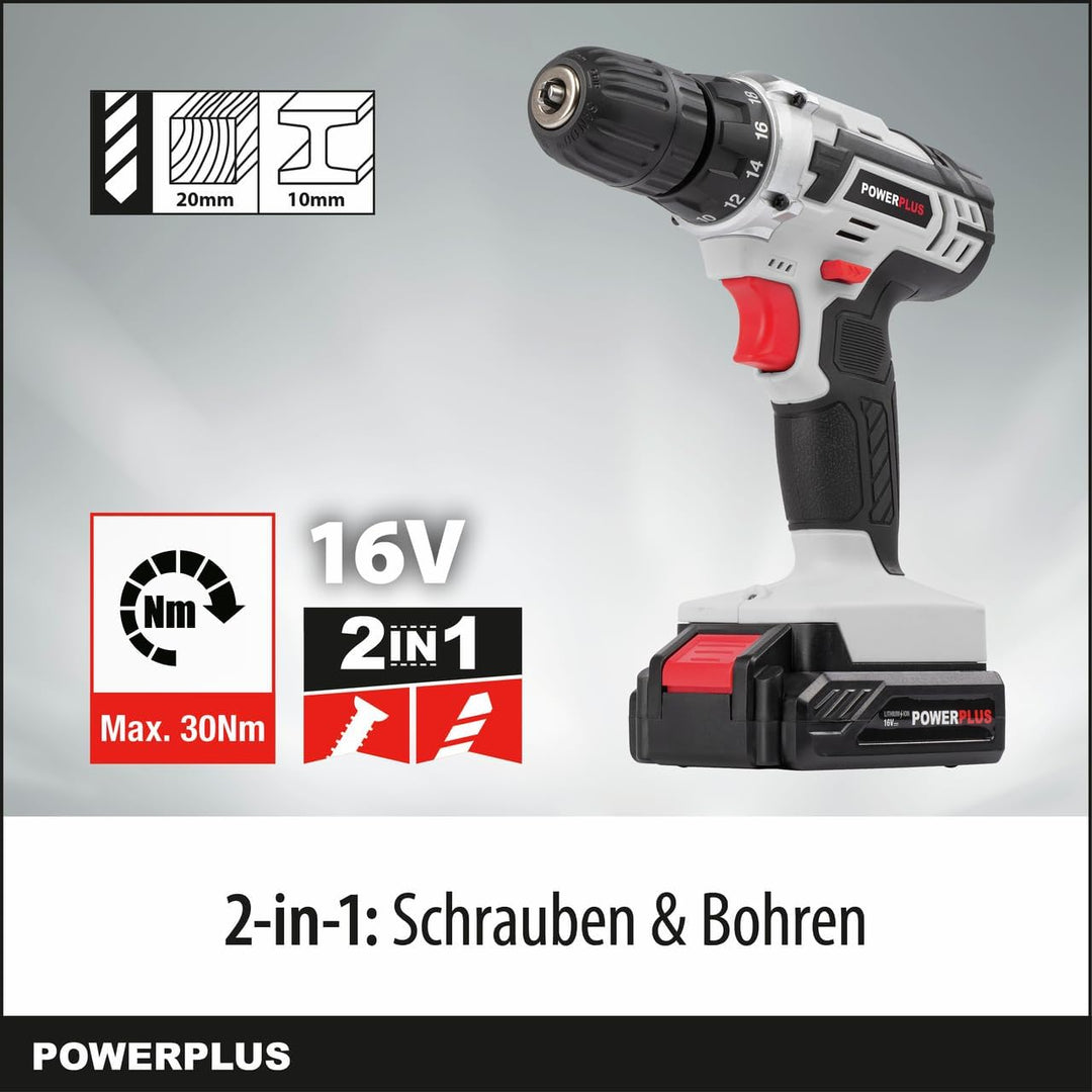 Powerplus Akkuschrauber & Akkubohrer POWC1061 - Akku Schraubendreher 16V, Inkl. 1 x 1,3Ah Akku und L