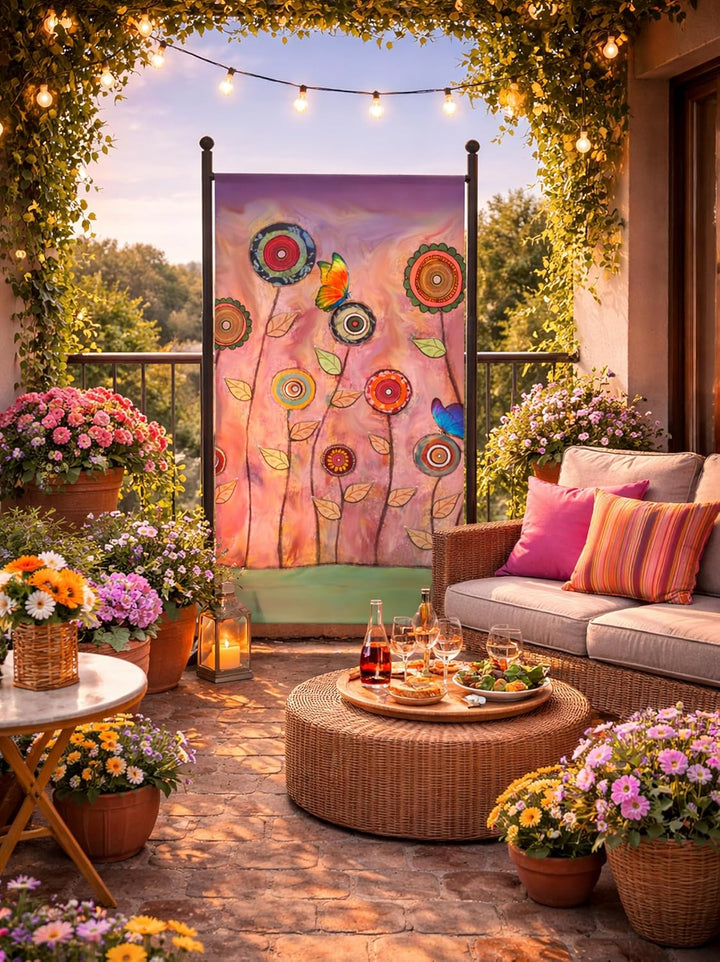 QUICK STAR Paravent Outdoor Wetterfest 180 x 78 cm Retro Flowers | Raumteiler Stellwand Innen | Gart