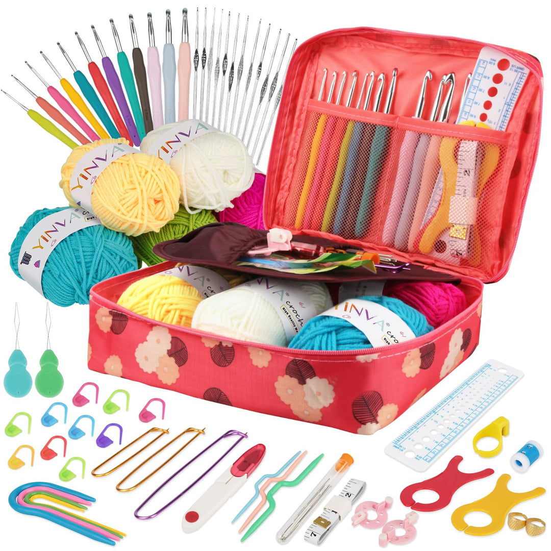 YINVA Häkelset für Anfänger 111 Stück Häkelnadel Set 0.6mm-8mm Ergonomische Häkelnadeln Crochet Set