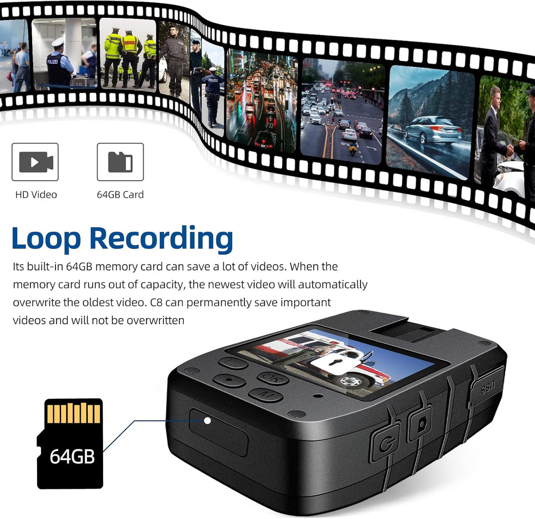 CAMMHD C8-64GB 1296P Body Cam 12 Stunden Tragbare Audio und Video Bodycam 170° Weitwinkel Polizei Kö
