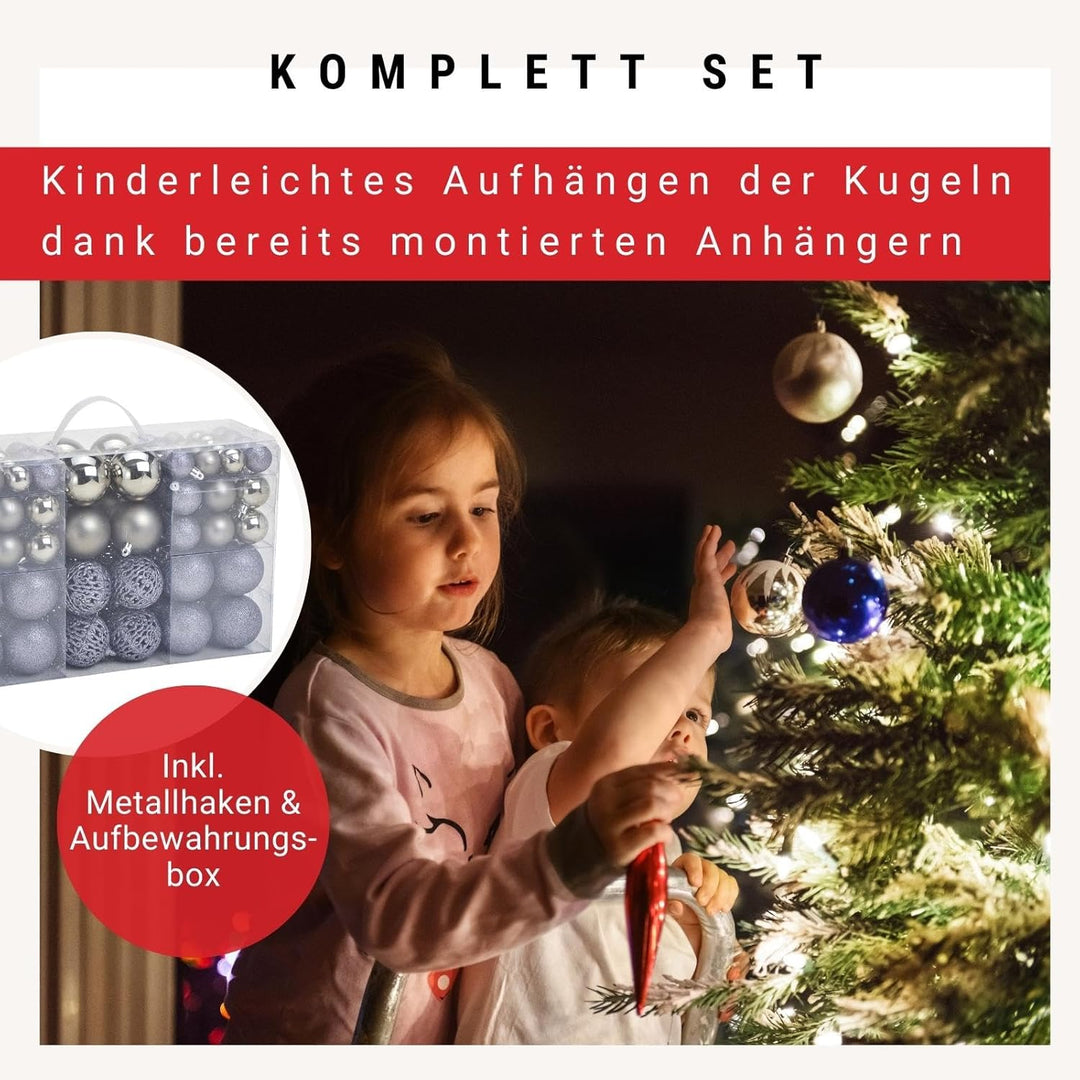 WOMA Weihnachtskugeln Set in Grau I 100 Christbaum-Kugeln I kleine & grosse Weihnachtskugeln Kunstst