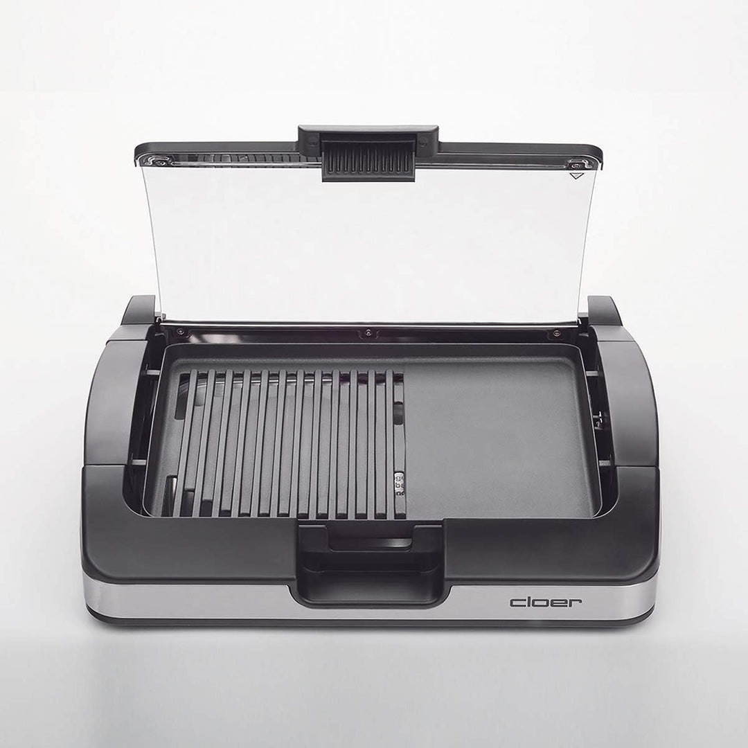 Cloer 6720 Barbecue-Grill mit Aluminium-Druckgussplatte, Antihaftbeschichtet, Glasdeckel, 2200 Watt,