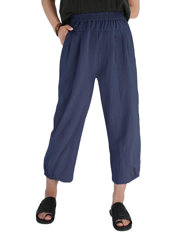 Les umes Damen Baumwolle Capri Casual Hose Elastische Taille Sommer Hose Haremhose mit Navy Blau M,