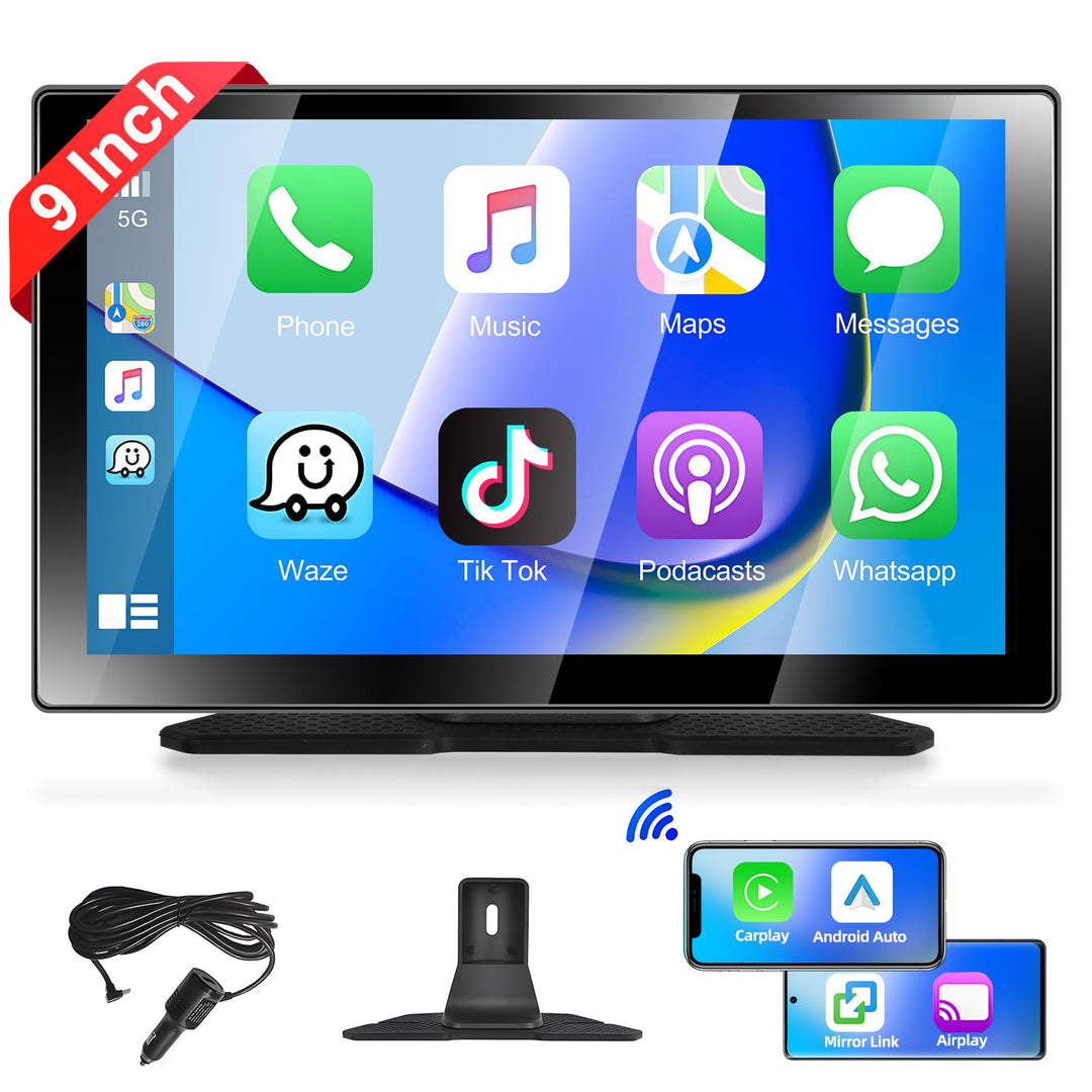 Podofo Wireless CarPlay Android Auto Tragbares Autoradio 9 Zoll IPS Touchscreen Autoradio Kabelloses