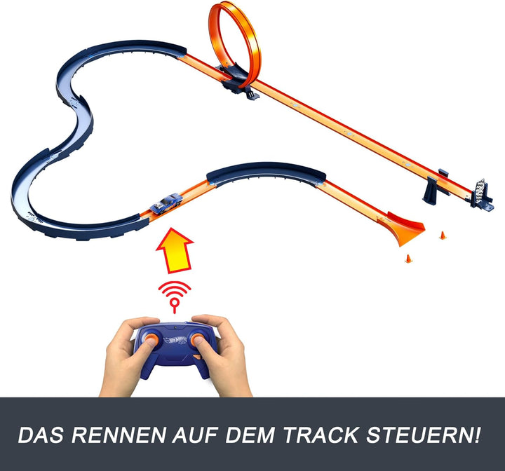 Hot Wheels Spielzeugauto-Trackset mit ferngesteuertem Fahrzeug im Massstab 1:64 und mehr als 30 Trac