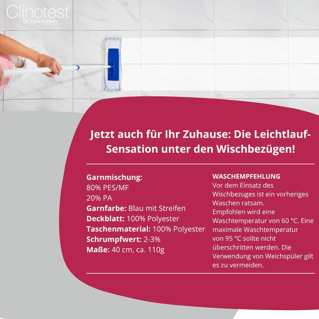 Clinotest Wischmopp Runner Blue DB-FC 2.0 Wischbezug 40 cm – Profi-Moppbezug mit Microfaser & PA-Lei