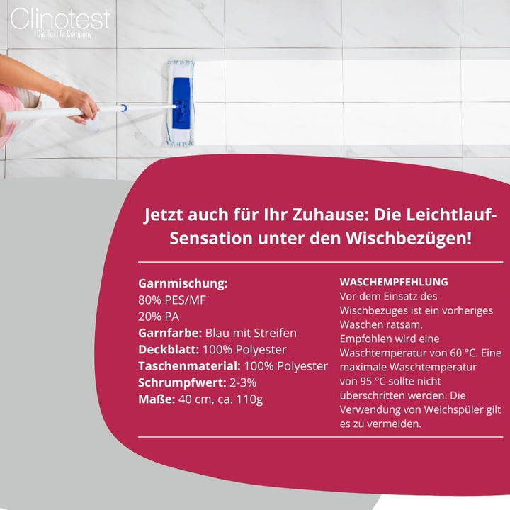 Clinotest Wischmopp Runner Blue DB-FC 2.0 Wischbezug 40 cm – Profi-Moppbezug mit Microfaser & PA-Lei