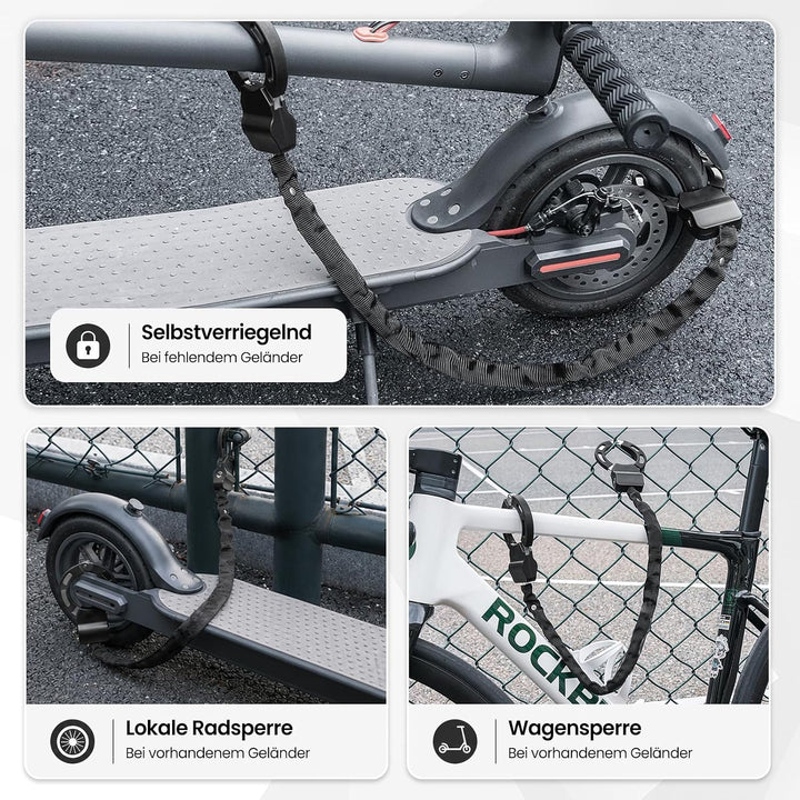 E Scooter Tasche mit Schloss, E Scooter Schloss mit Tasche 2L, 7mm Handschellenschloss für Roller, B