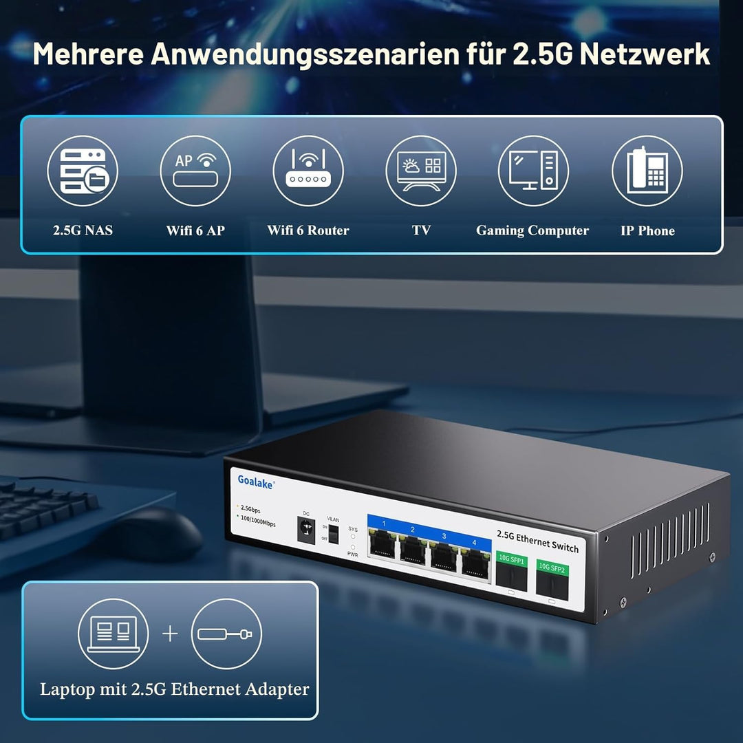 Goalake Multi-Gigabit Desktop-Switch, 6 Ports, 2,5 G, nicht verwaltet, 4 Base-T Ports 2,5 G, 2 SFP 1