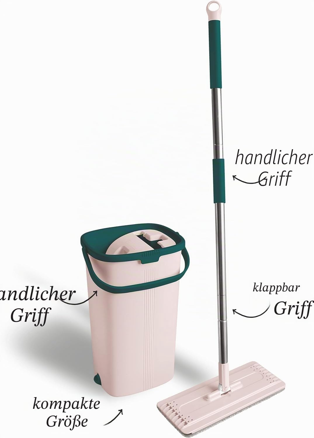 Bodenwischer Mop Set - Handy | Flach, Schwenkbar mit Zwei Kammer Putzeimer | Wischmopp mit Auswringf