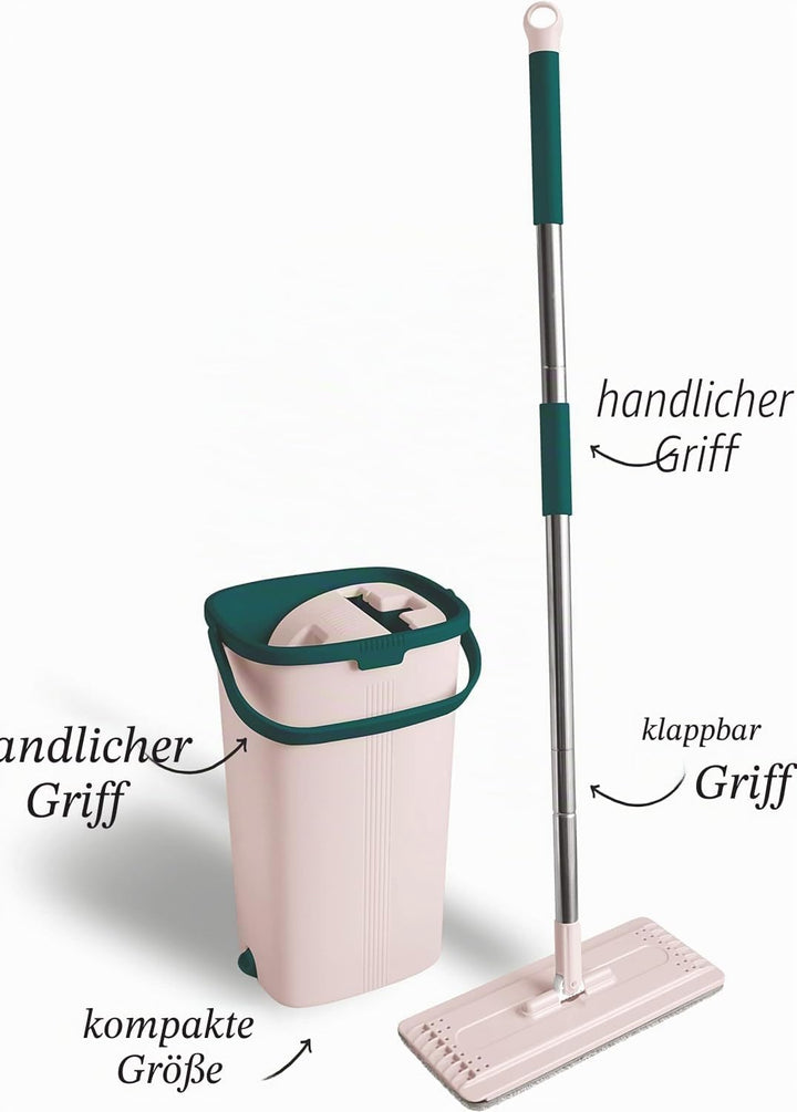 Bodenwischer Mop Set - Handy | Flach, Schwenkbar mit Zwei Kammer Putzeimer | Wischmopp mit Auswringf