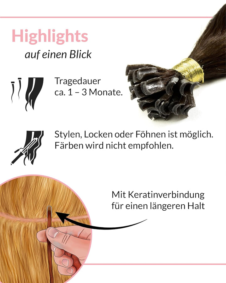 hair2heart Extensions Echthaar Bondings glatt - 100 Strähnen 0.5g 60cm 6/3 dunkelblond gold #4 Braun
