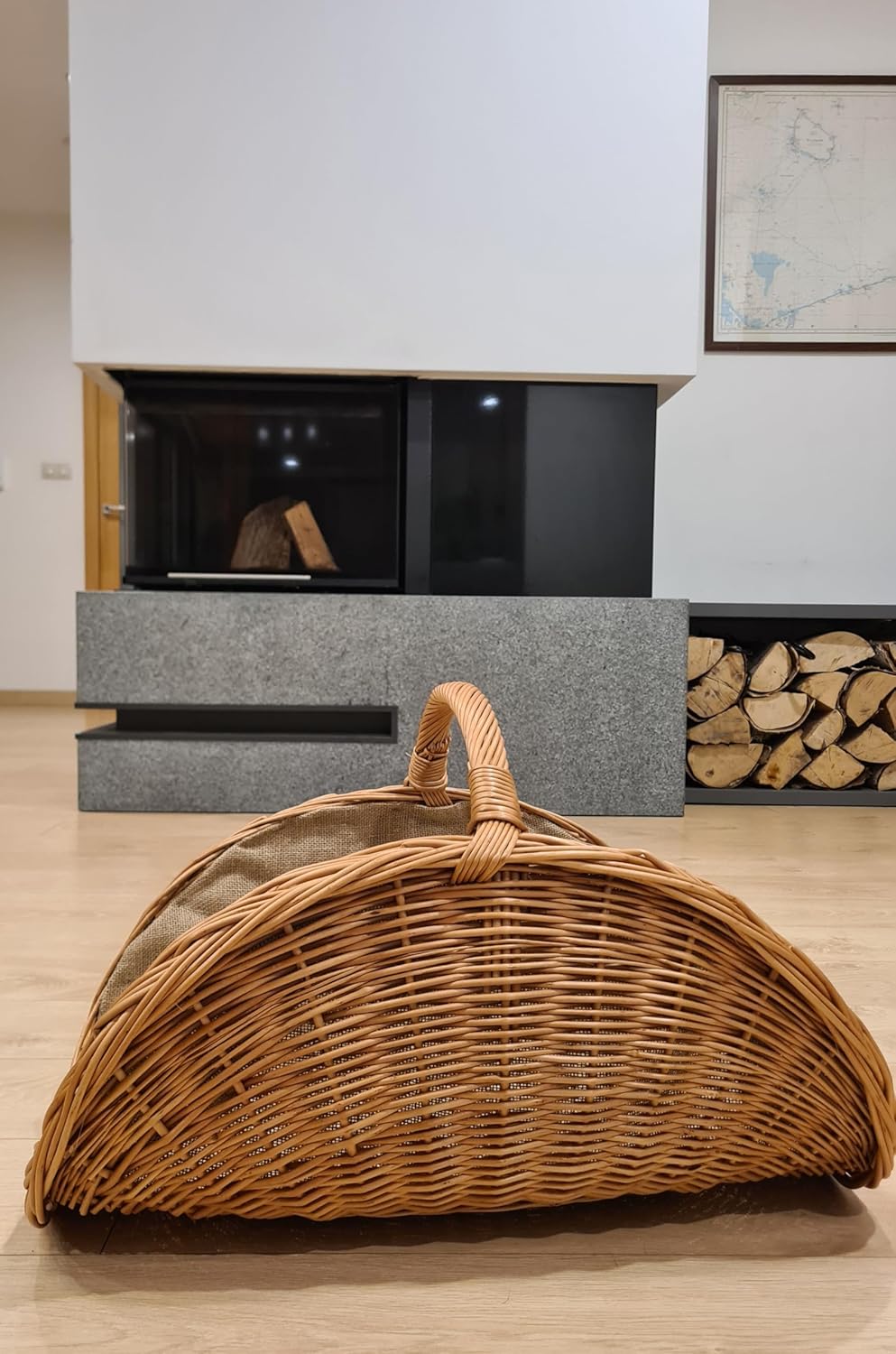 XL Kaminholzkorb aus Weide mit Jute 60 cm, Kaminkorb Holzkorb Weidenkorb