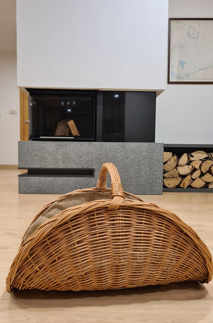 XL Kaminholzkorb aus Weide mit Jute 60 cm, Kaminkorb Holzkorb Weidenkorb