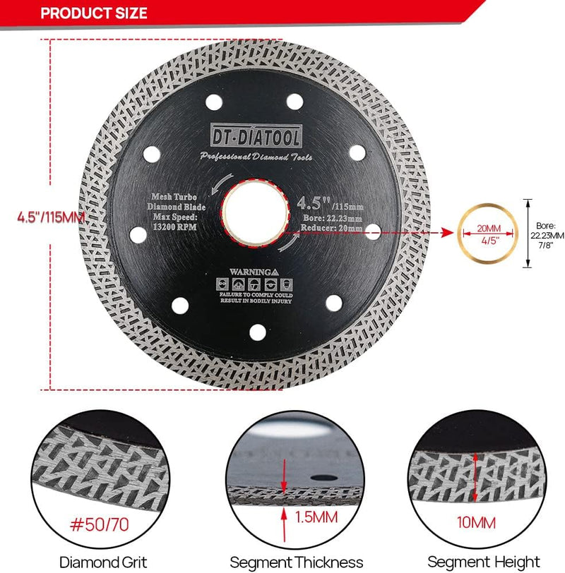 DT-DIATOOL Diamant Trennscheibe 5 Stücke 115 mm x 22,23 mm/20 mm Sägeblatt mit Mesh Turbo für Porzel