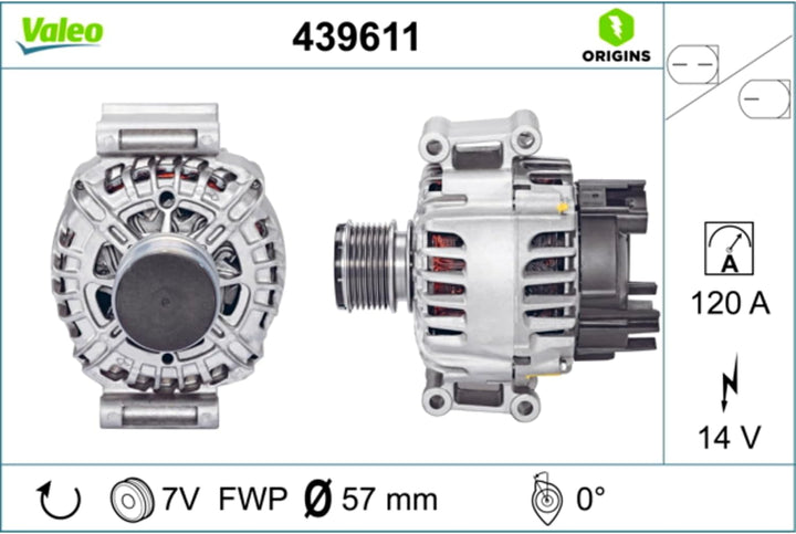 VALEO 439611 Generator Ladestrom des Generators: 120 Amp Rippen: 7 rippen Riemenscheibe Ø: 57 mm Spa