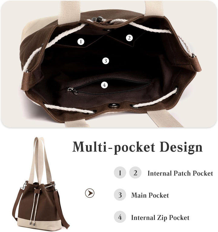 PORRASSO Damen Schultertasche Canvas Tote Umhängentasche Kordelzug Beuteltasche Mädchen Handtasche C