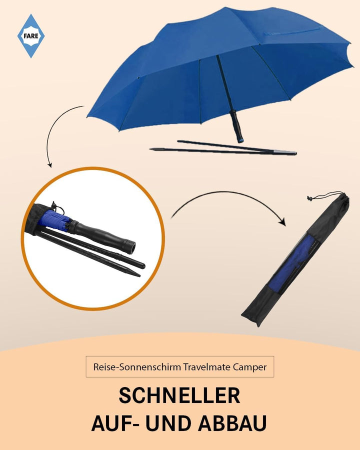 FARE Reise-Sonnenschirm Travelmate Camper UV Schutz 50+ für Koffer Flugzeug Camping Balkon Strand Ga