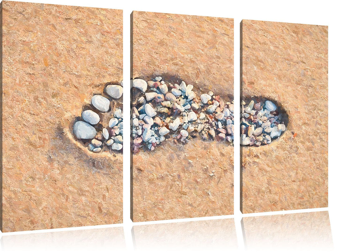 Pixxprint Fussabdruck im Sand Pinsel Effekt 3-Teiler Leinwandbild 120x80 Bild auf Leinwand
