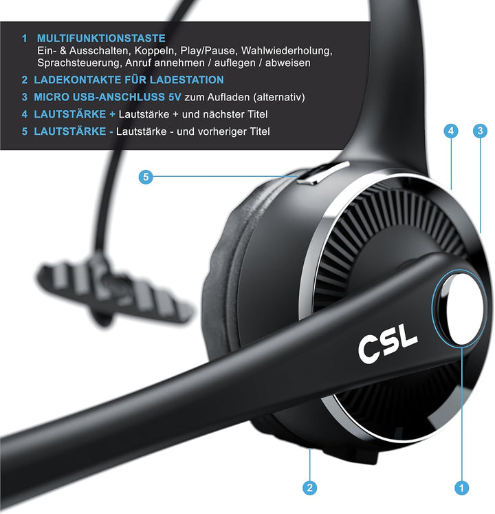 CSL - Bluetooth 5.0 Headset mit Ladestation - PC Headset mit flexiblem Mikrofon - Multipoint - kabel