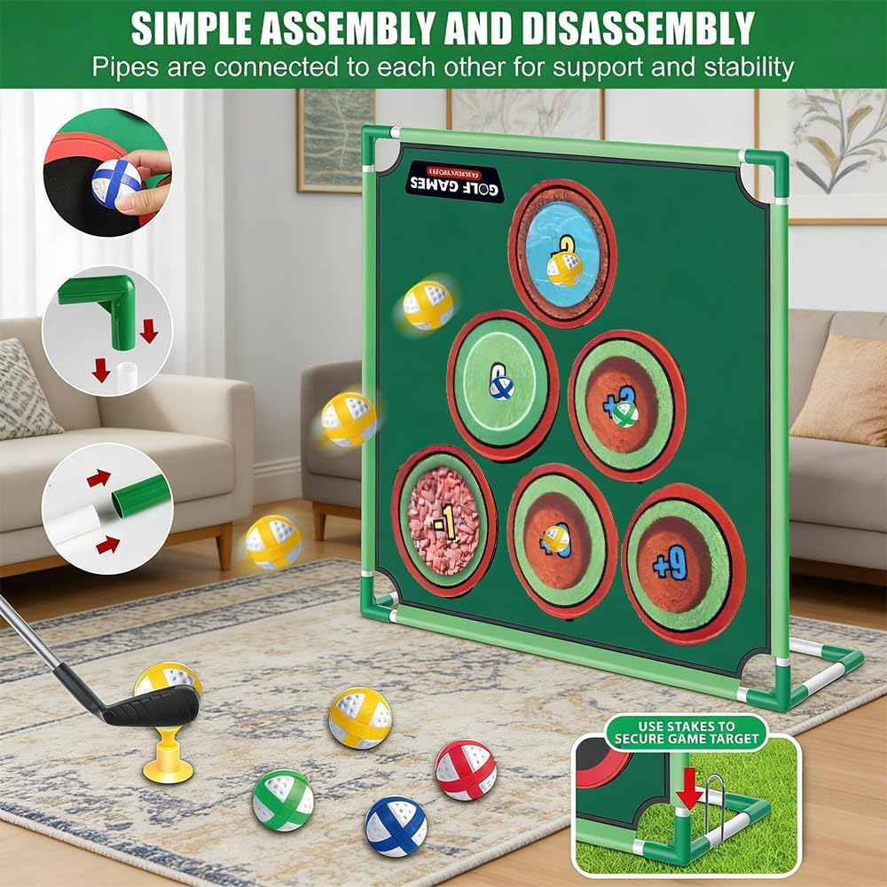 Golf Spielset für Zuhause mit Puttmatte, Klebebällen & Tragetasche – Cornhole-Spiel für Garten, Juge
