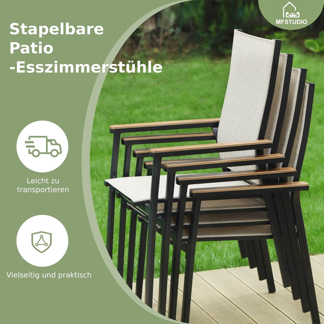 MFSTUDIO Gartenstuhl 4er Set Aluminium, Textilene Balkon Stühle Stapelbar mit Handlauf mit Holzmaser