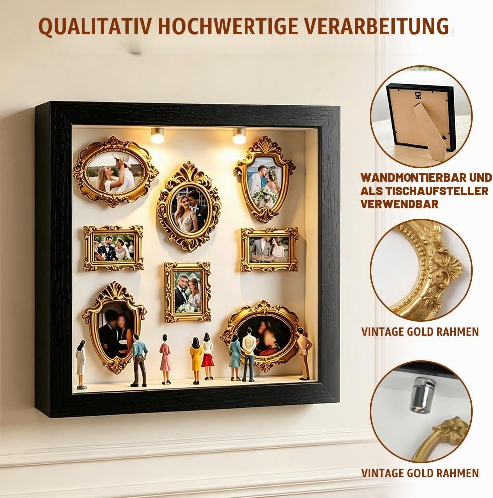 DIY Mini Museum Shadow Box mit LED Licht - Mini Bilderrahmen Vintage Set mit 8 Gold Rahmen &amp; 8 Figur