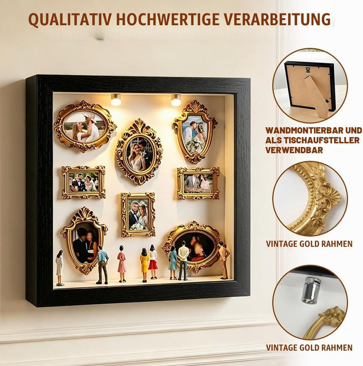 DIY Mini Museum Shadow Box mit LED Licht - Mini Bilderrahmen Vintage Set mit 8 Gold Rahmen &amp; 8 Figur