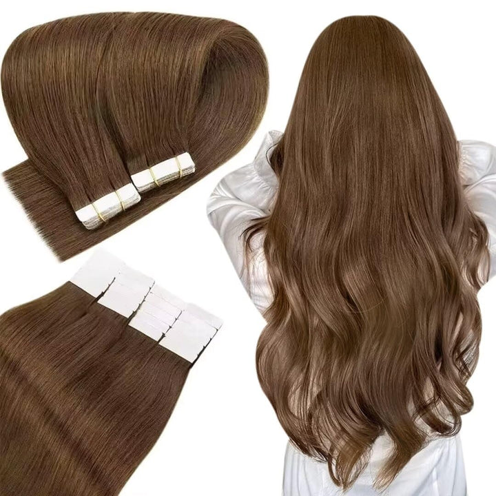 Extensions Tape in Echthaar Braun Tape in Extension Echthaar Farbe Mittelbraun 20 Zoll 50g Echthaar